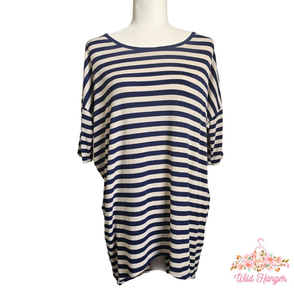 Womens Short Sleeve Striped Navy and Off White Oversized Top/Tunic MEDIUM